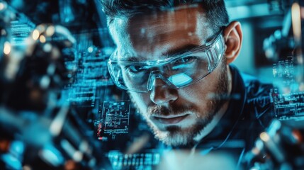 Industrial engineer wearing safety glasses is working with futuristic holographic interface showing programming code and schematics in a dark industrial environment