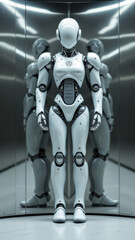 Image depicts two advanced AI humanoid robots in an elevator with mirrored walls, reflecting their human-like forms.
