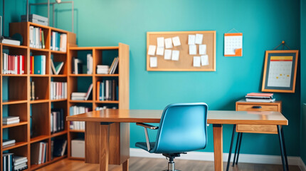 A cartoon-style office room with a tidy desk, bookcase, and a wall-mounted investigation board showcasing crime evidence