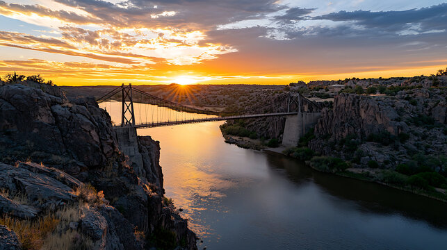 A bridge spans a river with a beautiful sunset in the background. generated using AI
