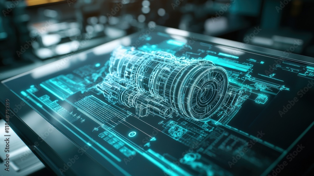 Poster advanced technological interface showcasing a holographic projection of a rotating jet engine design