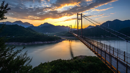 Fototapeta premium A bridge spans a river with a beautiful sunset in the background. generated using AI