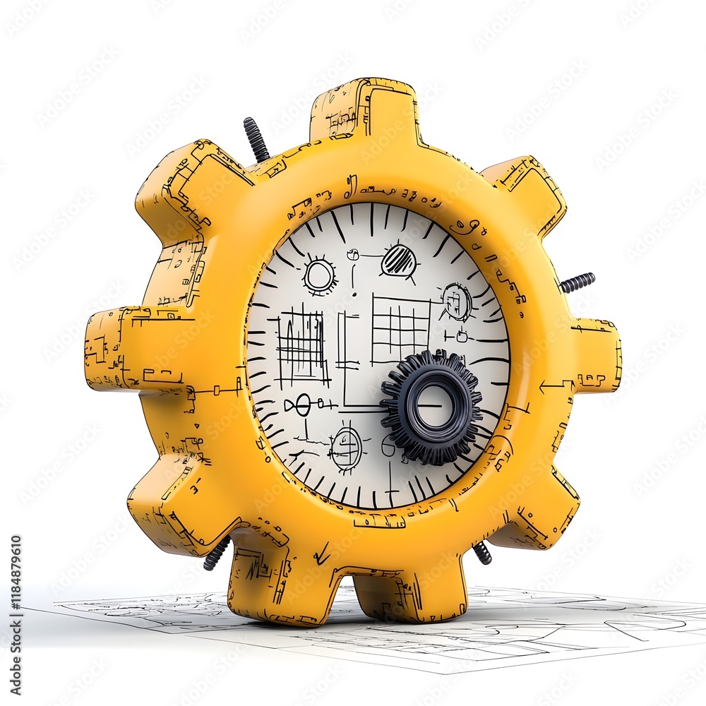 Poster a yellow gear with a dial and technical drawings, symbolizing engineering and mechanical design conc