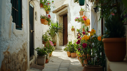 Fototapeta premium A narrow alleyway with a white building and a row of potted plants. generated using AI