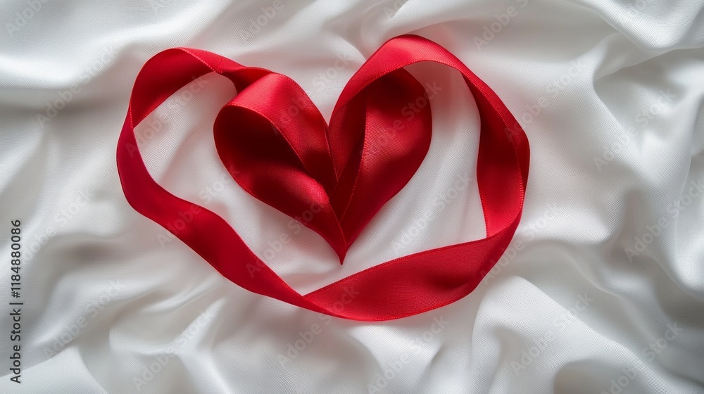 Aufkleber delicate folds of fabric cradle a vibrant red ribbon, meticulously arranged in the shape of a heart.