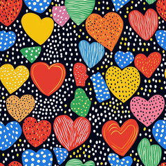 Bright polka dot black and white with bold rainbow colored hearts - seamless background with hearts