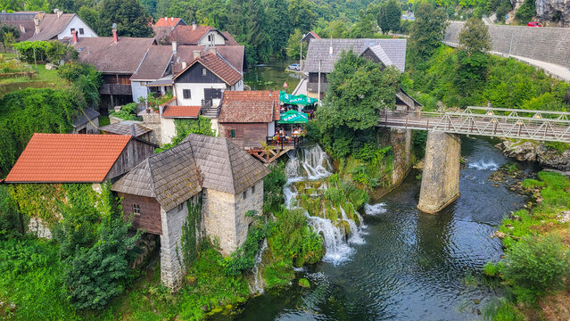 30 July 2024 Village of Rastoke Near Slunj in Croatia - Old Water Mills on Waterfalls of Korana River, Beautiful Countryside Landscape With River and Little Waterfalls in Rastoke Village, Croatia.
