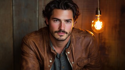 Obraz premium Handsome man with mustache in brown leather jacket, against wooden wall with lightbulb.