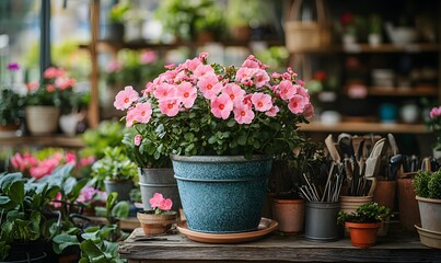 A corner display in a garden shop with a pink primrose pot as the centerpiece