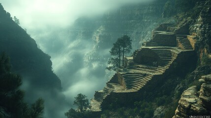 Fototapeta premium Misty mountain ruins, ancient stone terraces.