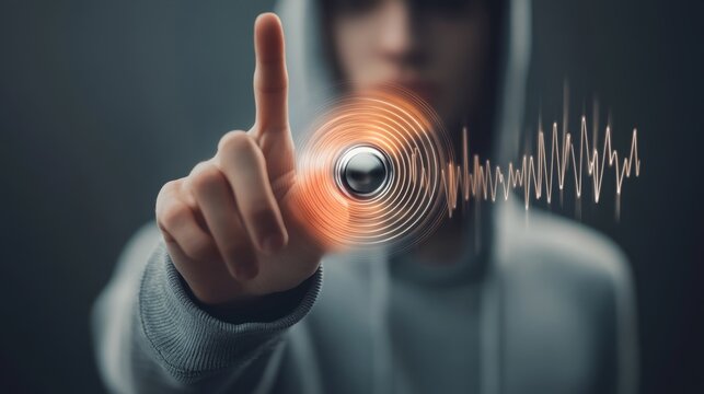 A person is pointing at a button with a red circle on it. The button is surrounded by a series of sound waves, which suggests that it may be related to music or audio