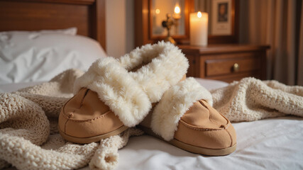 Warm Winter Slippers on Bed in Cozy Bedroom