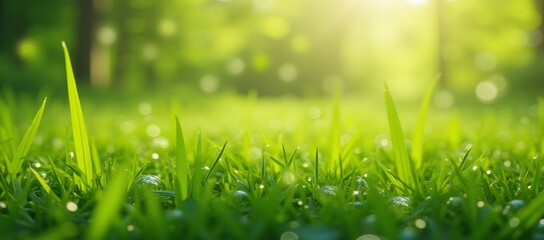 Fototapeta premium Lush Green Spring Meadow: Dew-Kissed Green Grass, Close-Up View of Nature's Freshness. Spring. Sunny morning. Rural meadow. Panorama. For Backgrounds, Wallpapers, Postcards, Social Media, and Banners.