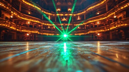 Empty stage with green laser lights in a grand theater.