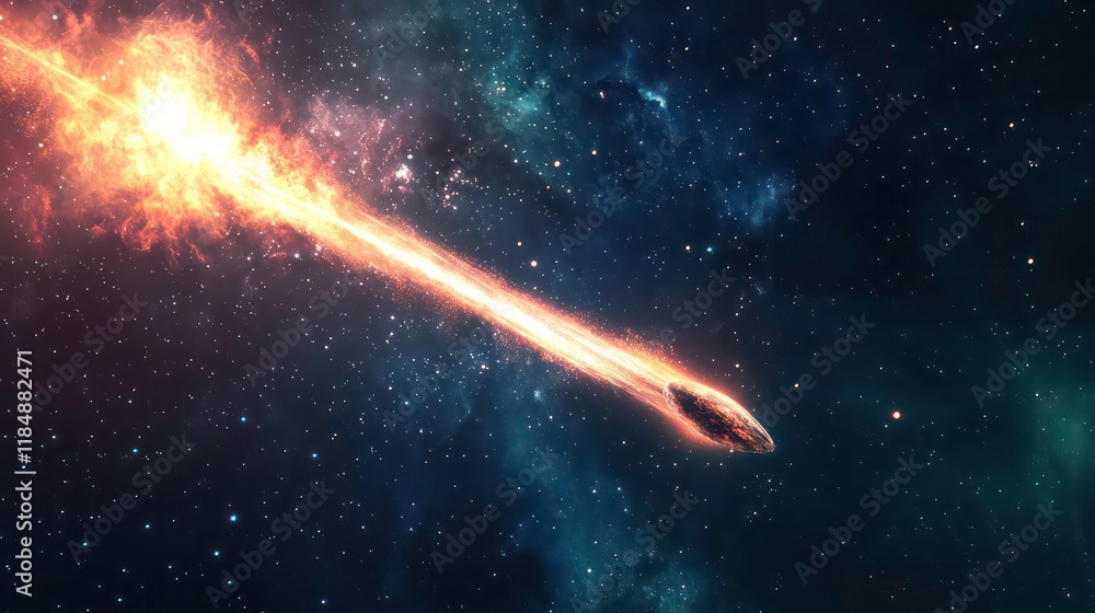 Poster fiery meteor blazing across a vibrant nebula.