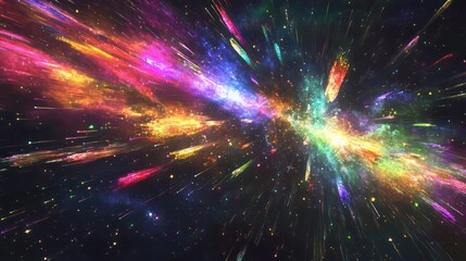 Colorful abstract space explosion with vibrant streaks of light and stars.