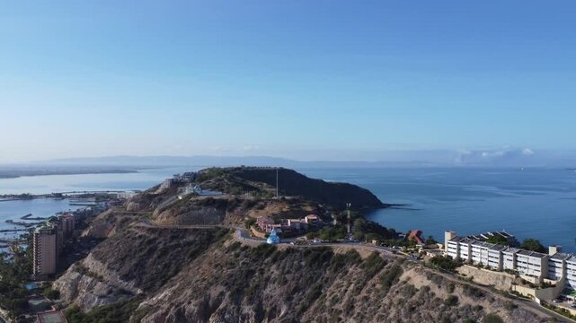 Aerial panoramic view of El Morro de Barcelona, historic fort on the coast of Lecheria, Venezuela, at sunset, beach, sea, and mountains &ndash; Travel and natural landscape