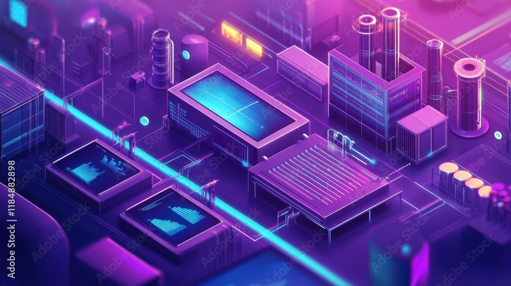 Poster futuristic isometric view of a manufacturing plant operating with automation, data analysis, and int