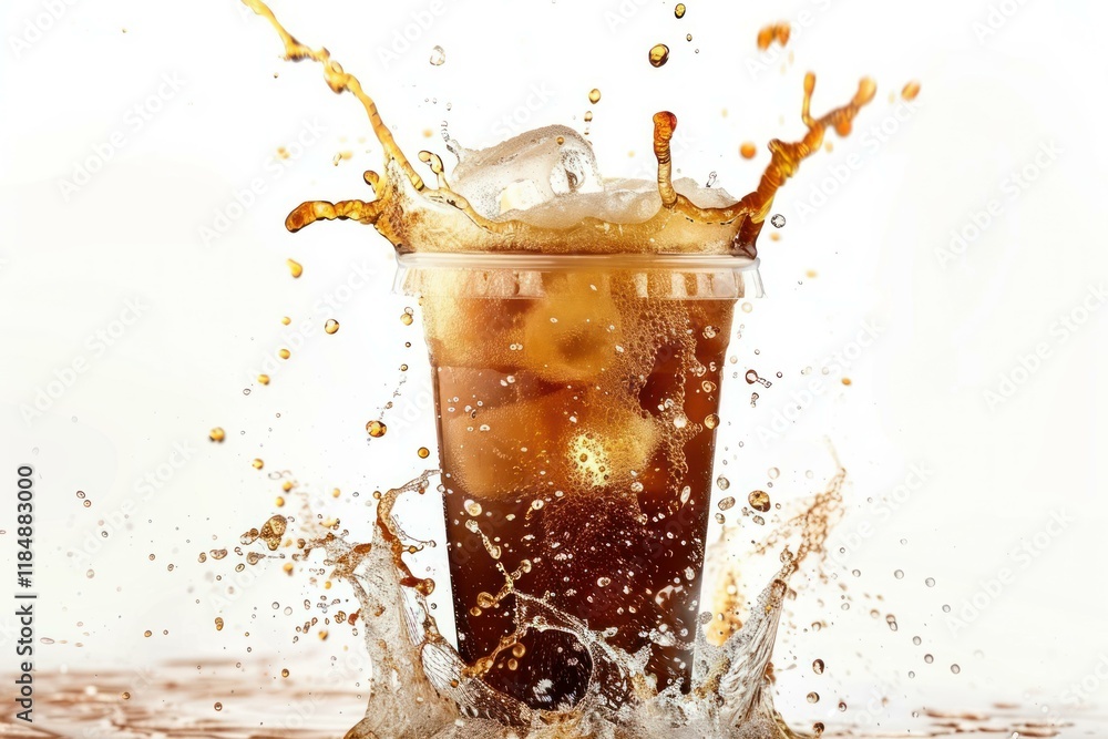 Poster ice cubes splashing in a plastic cup of cola, creating a refreshing explosion against a clean white 