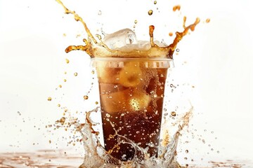 Ice cubes splashing in a plastic cup of cola, creating a refreshing explosion against a clean white backdrop