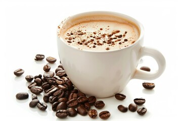 Obraz premium Cup of coffee with cinnamon on top and coffee beans around it