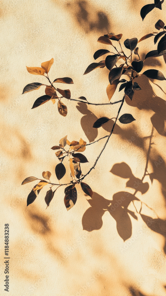 Poster shadows of leaves create intricate patterns on a textured wall in warm afternoon light
