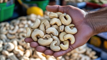 Handful of Natural Raw Cashew Nuts in Sunlight