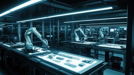 Obraz premium Several robotic arms working on electronic components on illuminated tables inside a modern factory, showcasing automation and advanced technology in manufacturing processes