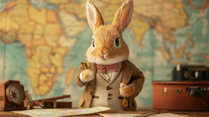 A whimsical anthropomorphic rabbit dressed in a suit stands at a desk, surrounded by maps and vintage items, exuding a sense of adventure and exploration.