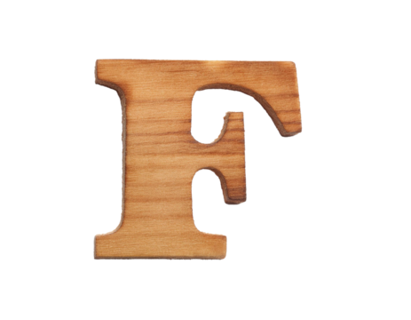 Letter F - made of wood, isolated on white background, cut out