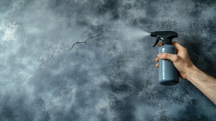 Hand Holding Pest Spray Bottle Near Wall Crack