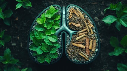 A conceptual image depicting lungs made of green leaves and dry twigs, symbolizing the contrast between nature and pollution.