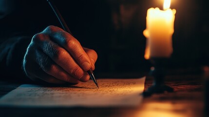 Obraz premium A hand writes on a sheet of paper illuminated by a candle, creating a warm and intimate atmosphere.