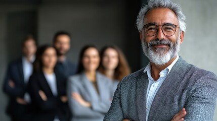 Confident Senior Businessman with Team in Background