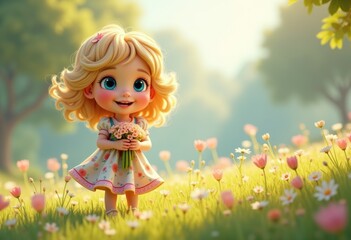 Fototapeta premium Adorable 3D animated girl with blonde hair happily holding a bouquet of flowers in a sunny field.