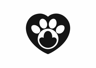 Minimalist Black and White Heart Logo with Paw Print - Pet Care and Animal Love Symbol