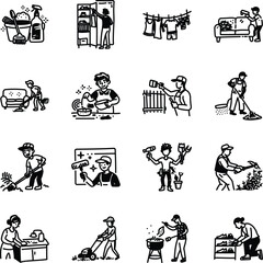 Hand Drawn Household Chores Icons Set 