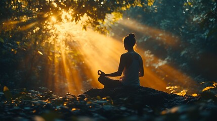 Obraz premium Woman meditating in lotus position at sunrise in lush forest.