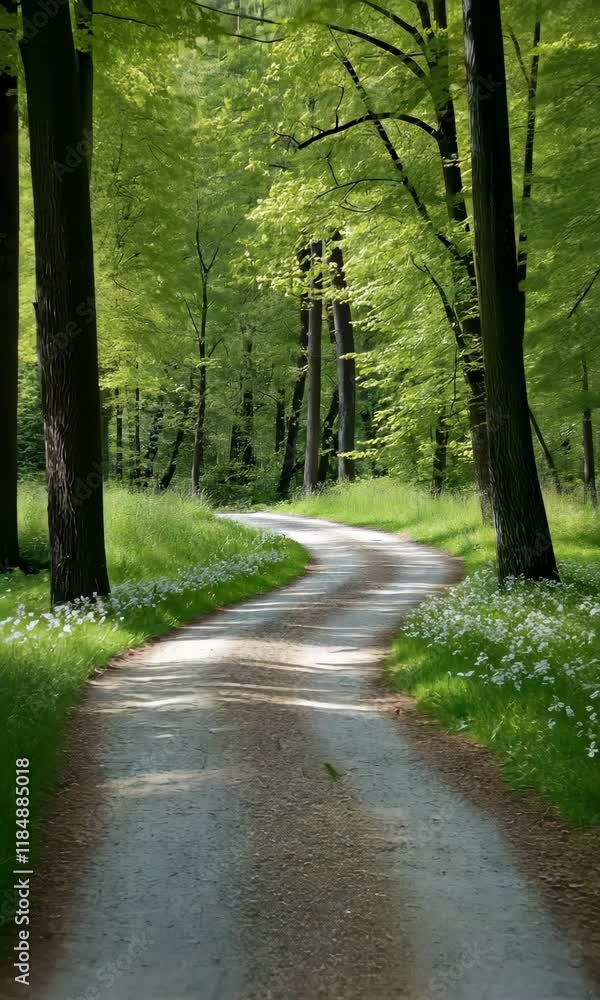 Poster a road with trees on both sides and a white line down the middle. the road is lined with trees and t