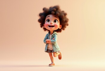 A cheerful 3D animated girl with curly hair, arms crossed, looking up, full of joy.