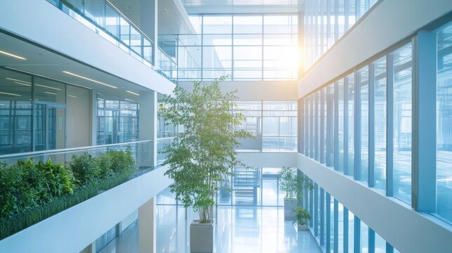 Sunlight streaming through large windows illuminates lush plants in a spacious atrium of a modern office building, creating a bright, welcoming, and eco friendly workspace
