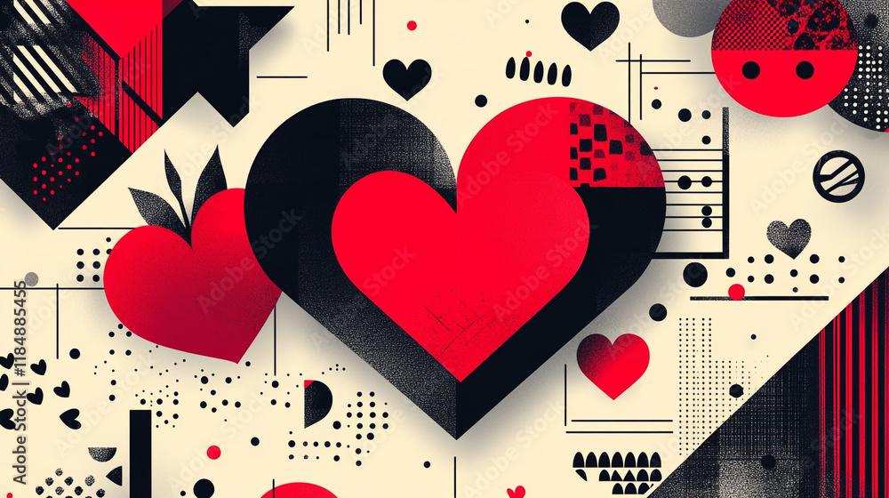 Poster bold abstract design featuring red and black hearts with geometric shapes and patterns