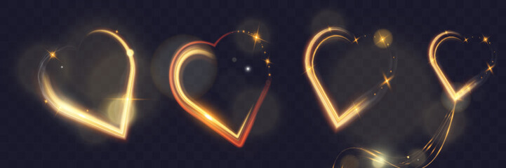 Golden glowing light trail forming a heart shape with sparkles and smooth curves on dark background, symbolizing love, romance, and celebration.