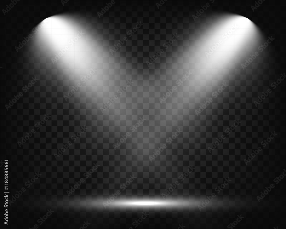 Poster Empty spotlight stage with dark gradient background and bright beams of light illuminating the center. Suitable for presentations, performances, or dramatic effects.
