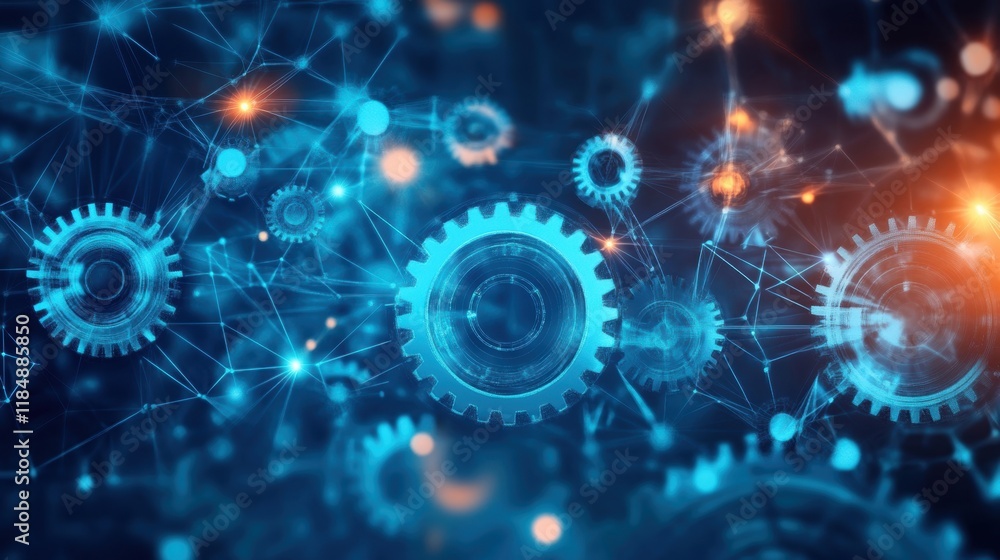 Poster interconnected gears rotating against a vibrant blue backdrop illustrate the complex processes of in