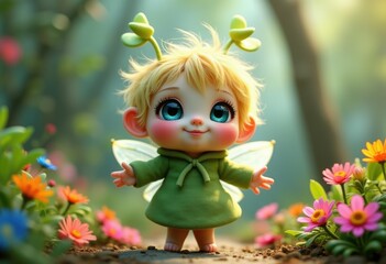 Adorable fairy doll with blonde hair and big eyes, standing in a garden.
