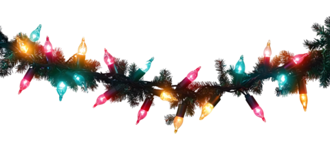 Christmas colored lights, garland, Christmas decoration. Isolated on white or transparent background.
