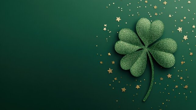 Glittery green four-leaf clover on green background with gold stars