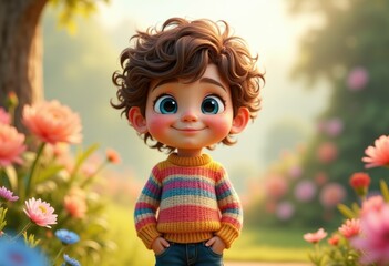 Adorable 3D rendered boy with curly brown hair, wearing a striped sweater, smiles happily in a blooming garden.