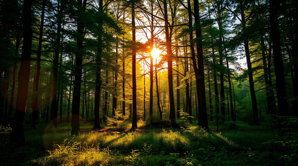 Obraz premium A golden hour forest landscape, filled with tranquil beauty and the soft glow of the setting sun casting warmth over the peaceful woods